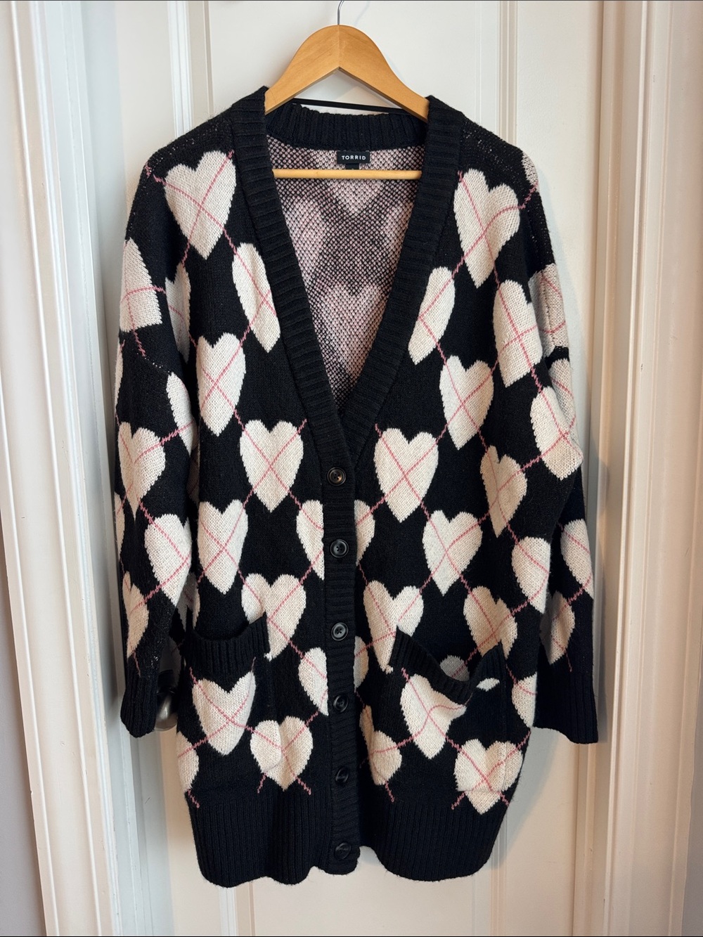 torrid Black Cardigan with Cream Hearts and Pink Accents